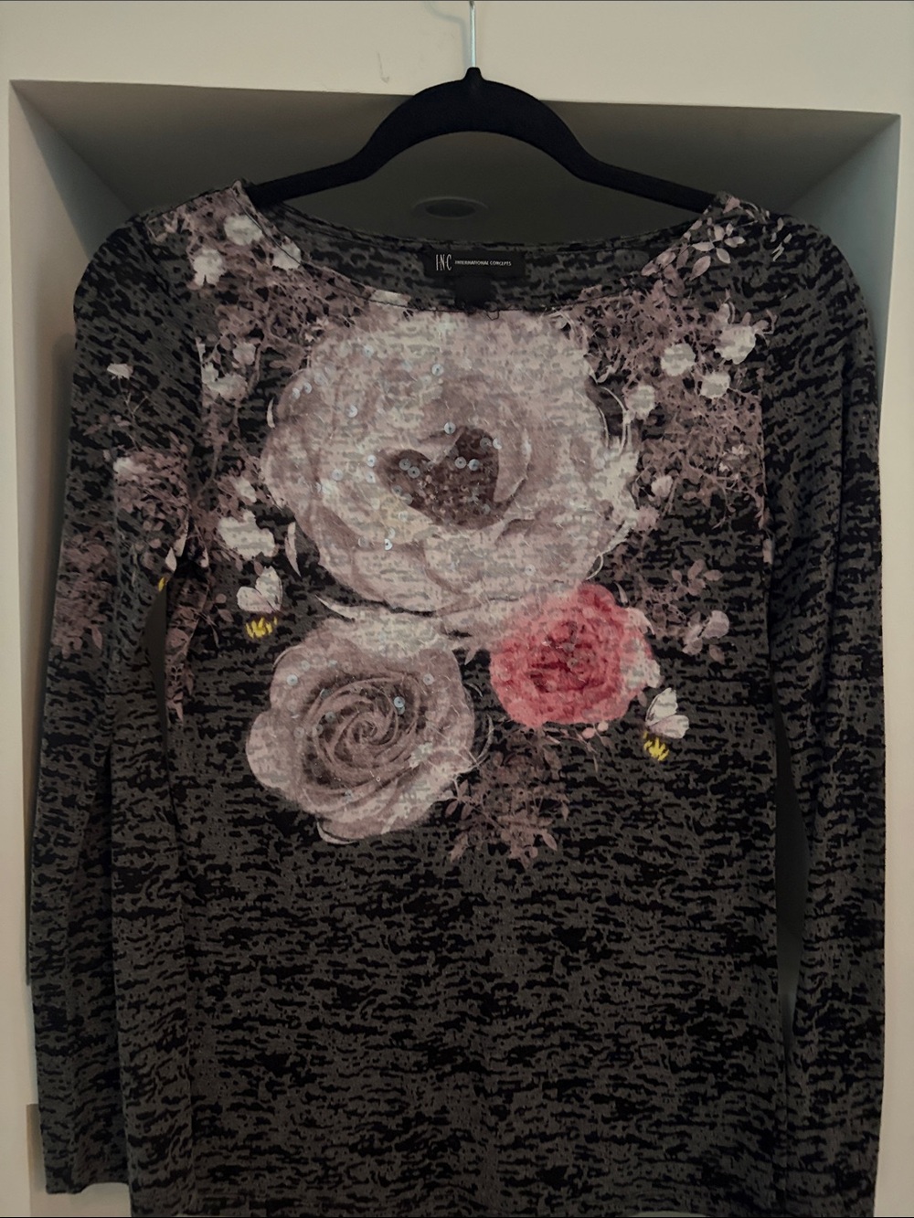 INC International Concepts Black Long-Sleeve Floral Sequin Knit Top